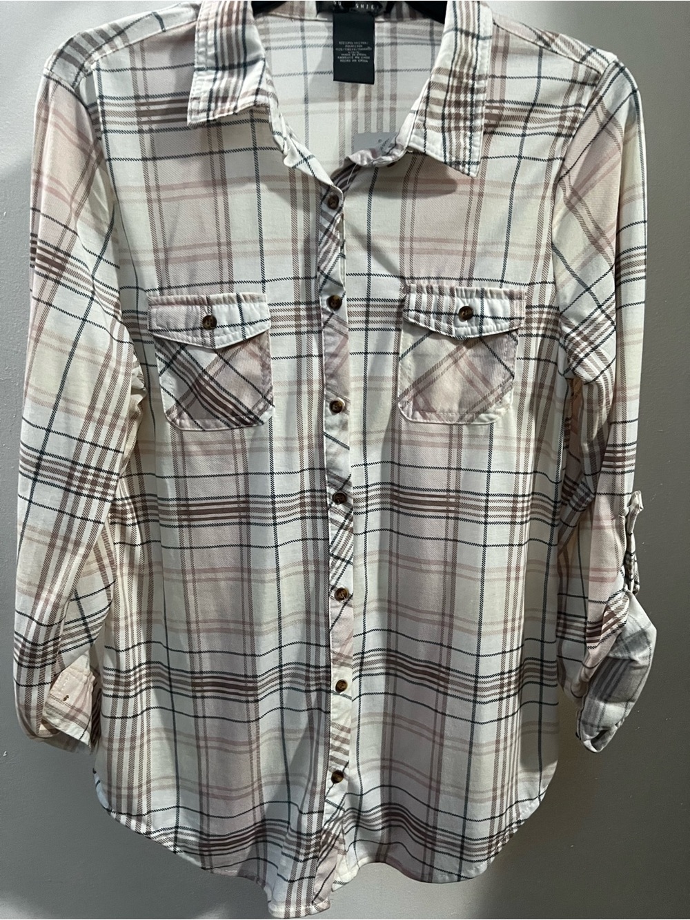 Suzy Shier Cream and Light Pink Plaid Button-Down Shirt